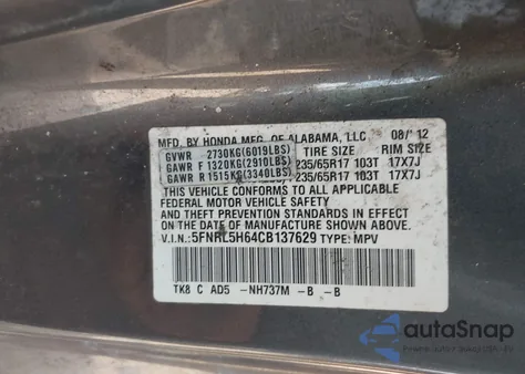 2012 Honda Odyssey Ex-L from USA, damaged, VIN 5FNRL5H64CB137629
